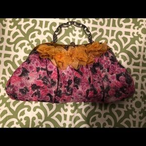 Floral Pink Rose Print Evening Clutch with Gold Trim